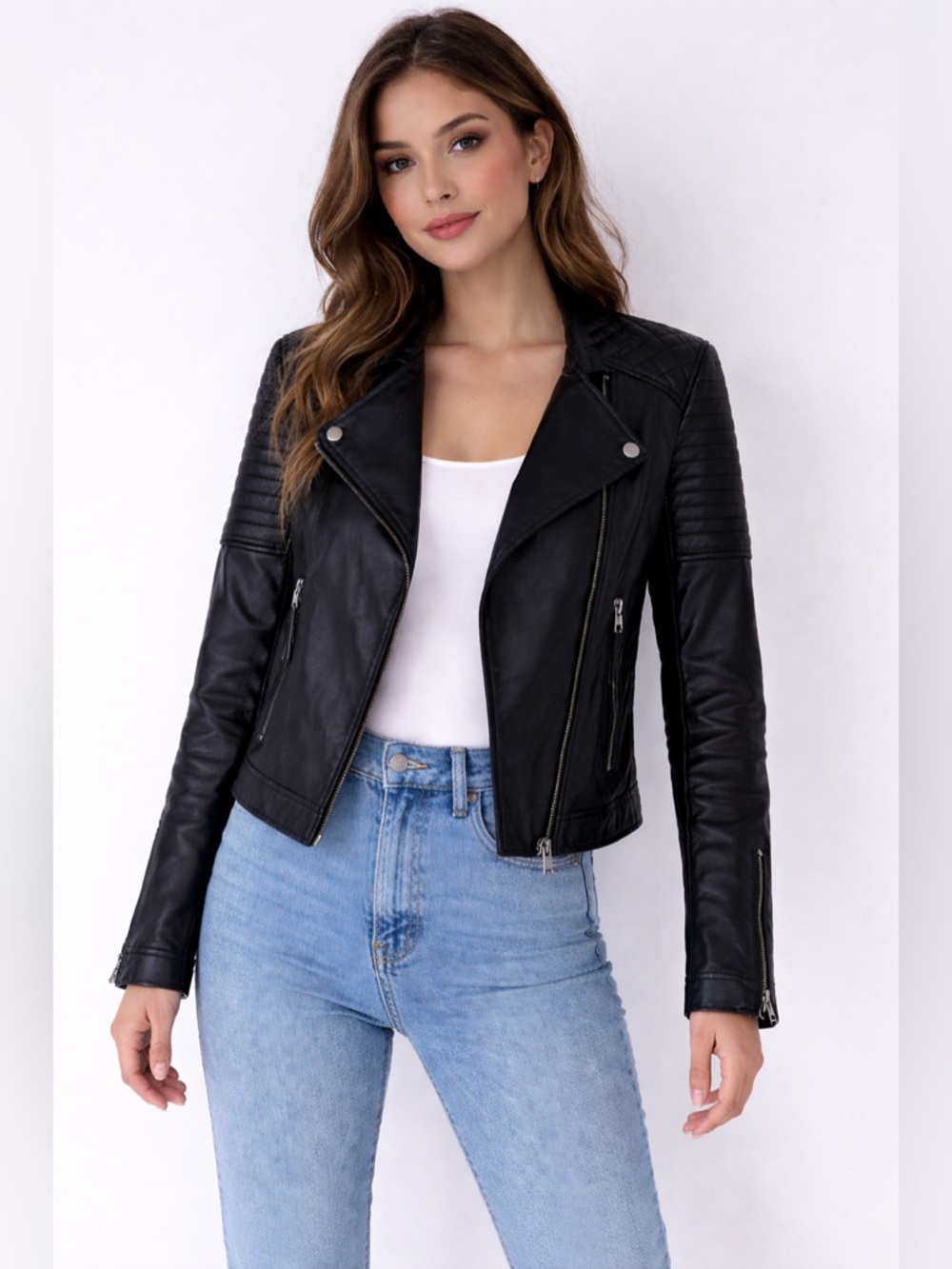 Topshop Quilted Black Faux Leather Moto Jacket